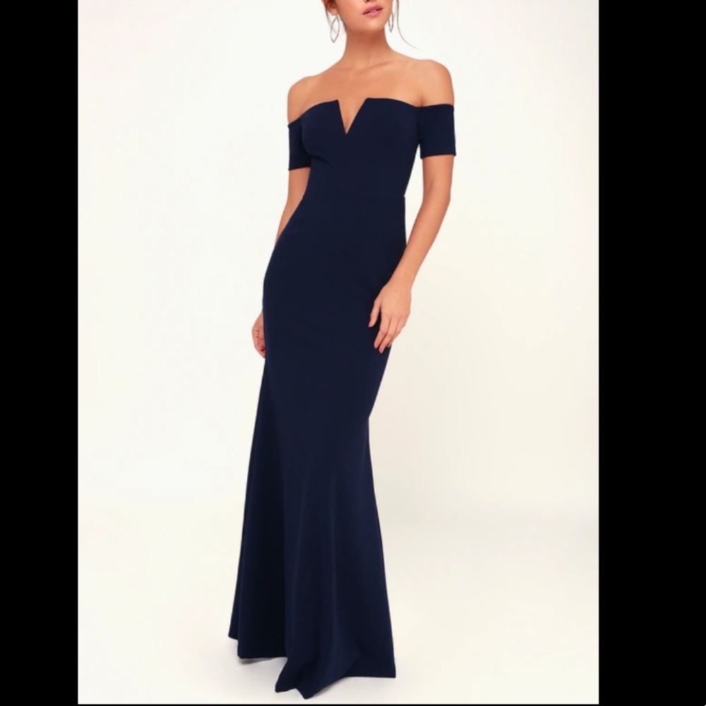NWT LULUS Lynne Navy Blue Off the Shoulder Maxi XS